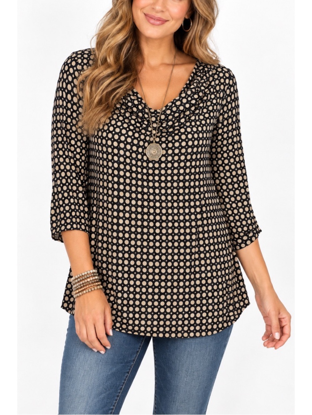 Briggs New York Black & Tan Polka Dot 3/4 Sleeve Top, XL